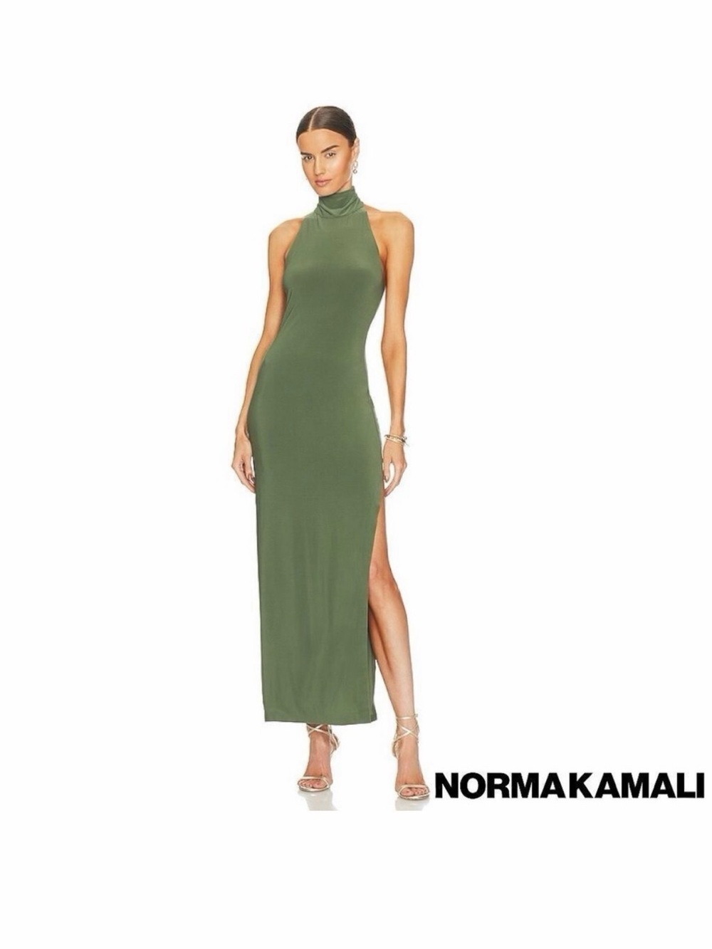 Norma Kamali Olive Green Halter Maxi Dress